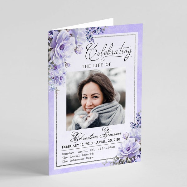 Lilac Floral Funeral Program Template • Purple Editable Memorial Service Template • Printable Memorial Program • Order Of Service