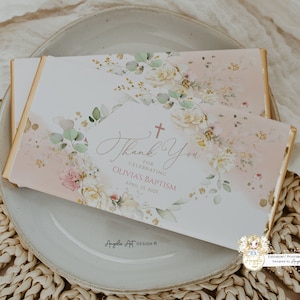 EMMA - Cremige Blumen Taufe Schokolade Wrapper Vorlage, bearbeitbare Taufe Gunst Tags, druckbare Beige Schokolade Bar Etikett, Taufe Geschenkanhänger
