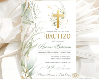 Invitaciones Bautizo Niño - Verde Dorado Invitacion de Bautizo Imprimible - Greenery Baptism Invitation Boy Spanish EDITABLE - THEODORE