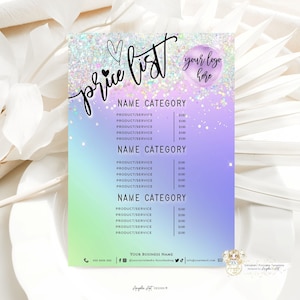 ELF - Editable Price List Template, Printable Holographic Glitter Purple Green Business Pricing Template Modern DIY Price List Template