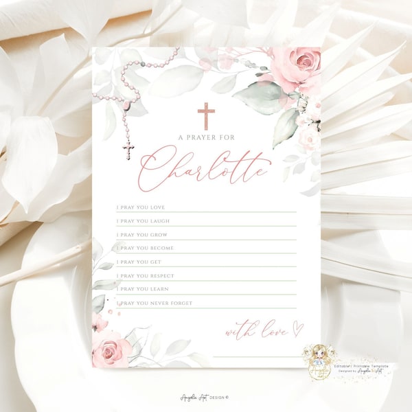 DELICATE - Blush Pink Green Baptism Prayer Card Template, Floral Baptism Blessing Printable, EDITABLE Baptism Prayer Card Christening Prayer