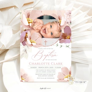 ALMA - Dusty Pink Girl Baptism Invitation Template with Photo, Blush Green Floral Baptism EDITABLE Printable Christening Baptism Girl Invite