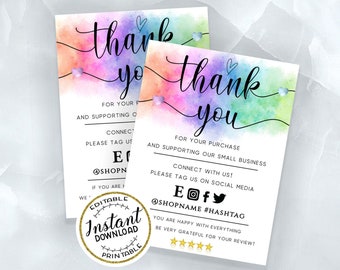 IRIS - Rainbow Thank You For Your Order Insert Card,Splash of Color Watercolor Modern Business Insert card Template EDITABLE Printable Card