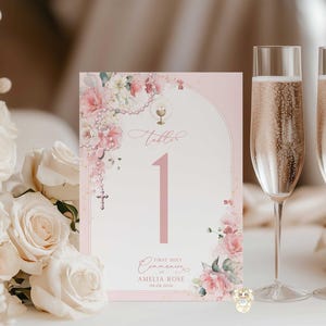 ISABEL - Blush Pink Gold Floral First Holy Communion Table Numbers Template, Rosary Table Numbers 2 Sizes EDITABLE Printable