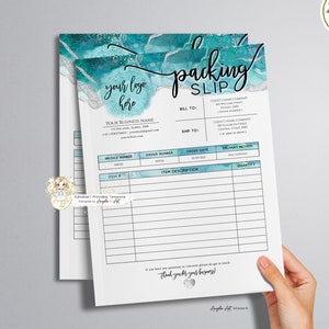 SIREN - Editable Teal Silver Packing SLIP Template, Printable Business Order Tracker Form, Aqua Delivery Note Business Invoice Packaging