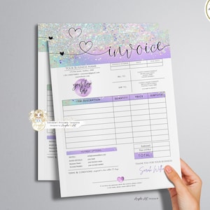 ELF - Holographic Glitter Invoice Form Template - EDITABLE Modern Printable Invoice - Add Logo - Purple Green Rainbow DIY Business Invoice