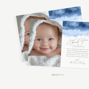 NOAH - carte de remerciement de baptême photo aquarelle bleu marine, modèle de remerciement de baptême garçon MODIFIABLE avec photo, baptême bleu imprimable