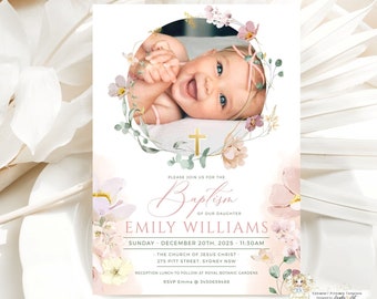 ALMA - Editable Dusty Pink Girl Baptism Invitation Template with Photo, Blush Floral Baptism Printable Christening Baptism Girl Invite