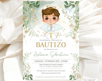 Invitaciones Bautizo Niño, Greenery Gold Invitacion de bautizo imprimible, Angelic Baptism Invitation Boy Spanish EDITABLE