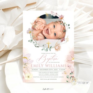 ALMA - Editable Dusty Pink Girl Baptism Invitation Template with Photo, Blush Floral Baptism Printable Christening Baptism Girl Invite