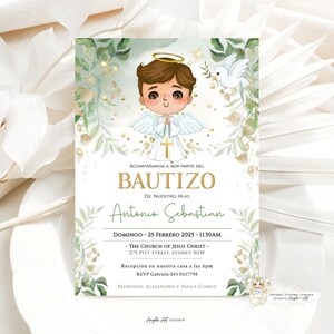 Invitaciones Bautizo Niño, Greenery Gold Invitacion de bautizo imprimible, Angelic Baptism Invitation Boy Spanish EDITABLE