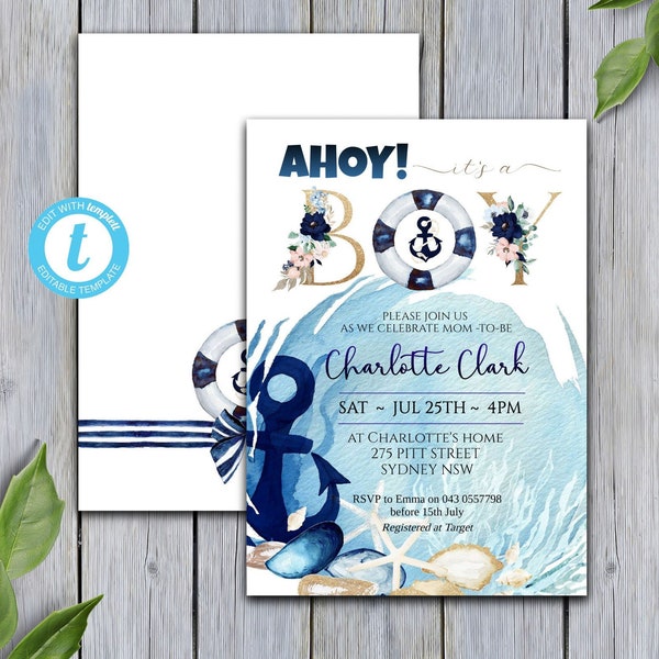 NAUTICAL Baby Shower Invitation, Ahoy it's a boy, Watercolor Navy Blue Gold Boy Baby Invitation, Editable Template