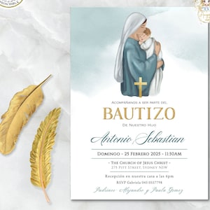 Virgen María Invitacion de bautizo imprimible, Invitacione Bautizo Niño - Baptism Invitation Boy Spanish - EDITABLE