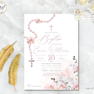 MIA - Blush Pink Rosary Orchid Girl Baptism Invitation Template Girl Baptism Invitation Christening Invite EDITABLE Printable Baptism Invite