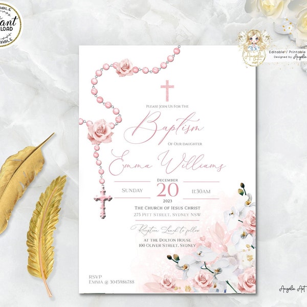 Modèle d'invitation de baptême pour fille orchidée rose blush