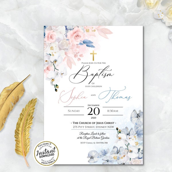 ALEXIS - Blush Blue Orchid Baptism Invitation - Editable Boy Girl Baptism Invitation Template - Twins Christening Invite EDITABLE Printable