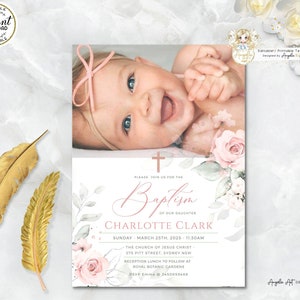 DELICATE - Girl Baptism Invitation Template with Photo Baptism Christening Girl Invite Blush Pink Green Floral Baptism EDITABLE Printable