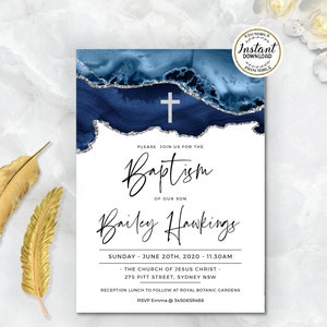 Deep BLUE and Silver Baptism Invitation Template, NAUTICAL Boy Baptism Invitation, Christening Printable Invite, EDITABLE Baptism BGL07