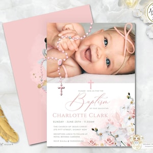 MIA - Blush Pink Girl Baptism Invitation Template with Photo, Rosary Orchid Baptism Christening Invite, Floral Baptism EDITABLE Printable