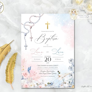 ALEXIS - Plantilla de invitación de bautismo de rosario de orquídeas azules rosa rubor, invitación de bautismo de gemelos de niño niña EDITABLE, invitación imprimible de bautizo