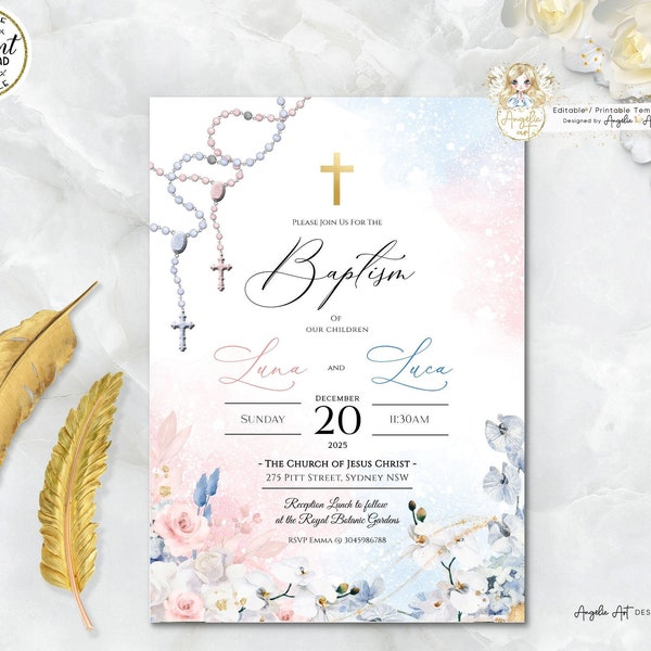 ALEXIS - Blush Pink Blue Orchid Rosary Baptism Invitation Template, EDITABLE Boy Girl Twins Baptism Invitation, Christening Printable Invite