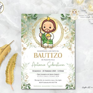 San Judas Invitación Bautizo Greenery Gold Invitacion Bautizo imprimible Spanish Baptism Verde Dorado EDITABLE San Judas Bautizo Niño Niña