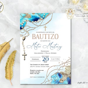 ROSARIO Invitacion de Bautizo Imprimible, Invitacione Bautizo Niño, doopuitnodiging jongen Spaans, BEWERKBAAR Azul Dorado Bautizo