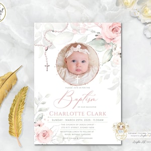 DELICATE - Baptism Invitation Girl Template with Photo, Rosary Girl Baptism Christening Invite, Blush Pink Floral Baptism EDITABLE Printable