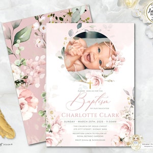 AVA - Floral Blush Pink Mädchen Foto Taufeinladungsvorlage, Pink Gold Grün Blumentaufe EDITIERBARE druckbare Taufe Taufe einladen