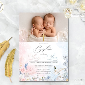 ALEXIS - Convite de Batismo Rosa Azul Orquídea com Foto, Modelo de Convite de Batismo com Foto Menino Menina Gêmeos EDITÁVEL, Batismo para Imprimir