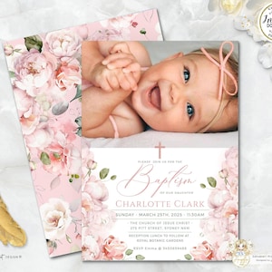 SOPHIA - Blush Peony Girl Photo Invito Battesimo Modello Rosa Floreale Foto Battesimo MODIFICABattesimo Stampabile Invito Battesimo