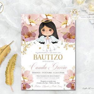 ALMA - Bautizo Invitation Girl Dusty Pink Gold invitación De bautizo Niña Floral Baptism Invitation Girl Spanish EDITABLE Para Imprimir
