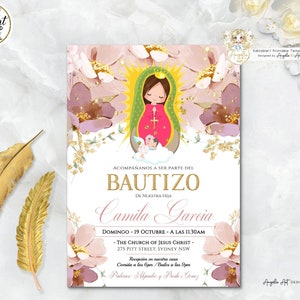 Invitacione De bautizo Niña, Virgen de Guadalupe Convite de Batismo Menina Espanhola, Rosa Dourado Floral Bautizo Convite EDITÁVEL Para Imprimir