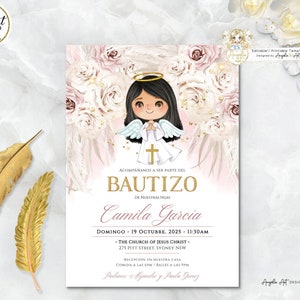 LUNA - Invitacione De bautizo Niña Floral Boho Baptism Invitation Girl Spanish Pink Gold Angel Bautizo Invitation EDITABLE Para Imprimir
