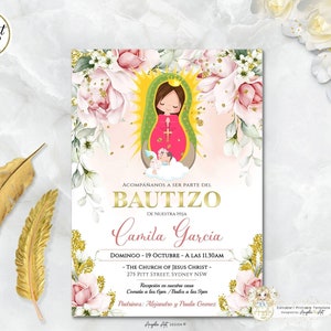 Invitacione De bautizo Niña, Virgen de Guadalupe Baptism Invitation Girl Spanish, Pink Gold Bautizo Invitation, EDITABLE, Para Imprimir