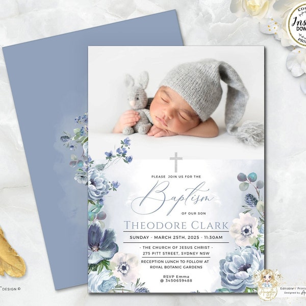 Dusty Blue Baptism PHOTO Invitation Template - Editable Printable Floral Boy Baptism Invitation - Dusty Blue Christening Invitation Template