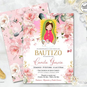 BELLE - Invitacione De bautizo Niña Virgen de Guadalupe Doopuitnodiging meisje Spaans roze gouden bautizo-uitnodiging BEWERKBAAR Para Imprimir