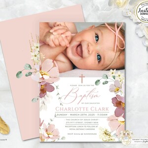 ALMA - Girl Baptism Invitation Template with Photo, Baptism Christening Girl Invite, EDITABLE Printable Blush Dusty Pink Floral Baptism