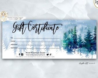 Blue Winter Forest Gift Certificate Template, EDITABLE Printable Holiday Christmas Gift Voucher, Snowflakes Pine Trees Gift Card Template