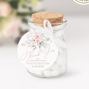 DELICATE - Etiquetas de batismo rosa blush Etiquetas redondas de lembrança de batismo EDITÁVEIS Etiquetas de agradecimento para impressão Etiquetas de presente de batismo para meninas Etiqueta de lembrança faça você mesmo