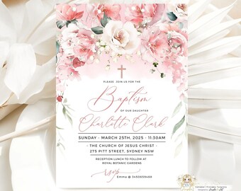 BELLE - BLUSH Rose Baptême Invitation Modèle Fille Baptême Invitation Rose Vert Argent Baptême Invitation Rose Floral Baptême MODIFIABLE
