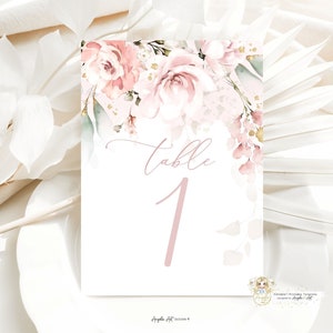 AVA - Modelo de números de mesa floral rosa blush, números de mesa florais rosa verde verde 2 tamanhos (4x6 "e 5x7") EDITÁVEL para impressão