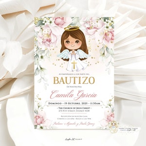 Invitacione De bautizo Niña, Floral Baptism Invitation Girl Spanish, Pink Gold Angel Bautizo Invitation, EDITABLE Para Imprimir