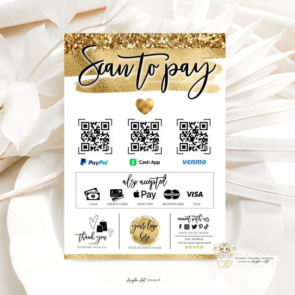ORO - Modern Gold Scan to Pay Template, Gold Glitter Payment Sign, QR Payment Sign Luxury Printable Customer DiY Cash App Sign Editable