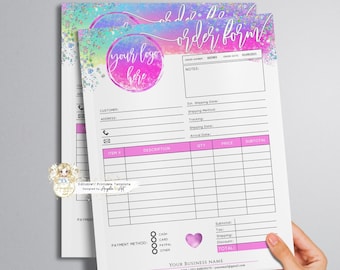 FAIRY - Holographic Glitter Pink Order Form Template - EDITABLE Printable Order Form Add LOGO - Unicorn Invoice Form - Business Invoice