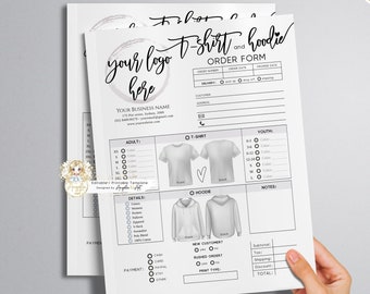 Editable HOODIE T-SHIRT Order Form Template Simple Modern Printable Order Form Add LOGO Tshirt Hoodie Invoice Form Apparel Order Form