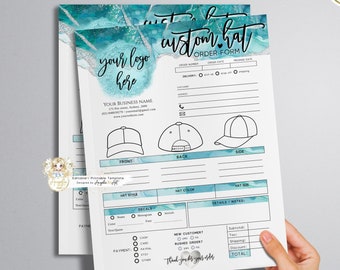 SIREN - HAT Order Form Template, Teal Silver Printable Cap Invoice Form, Modern EDITABLE Hat Business Order Form Agua Teal Hat Form Template