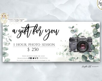 Photography A Gift For You Template Eucalyptus Siver Photography gift card template Photo session voucher Printable Voucher EDITABLE