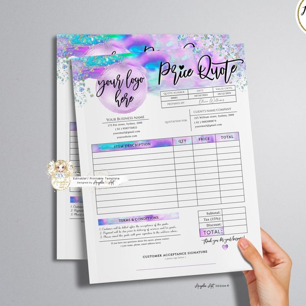 COLIBRI - Holographic Glitter Unicorn Price QUOTE Template, Editable Printable Price Quote, Purple Teal Business Price Estimate Template