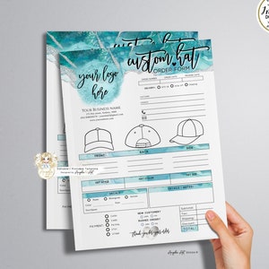 SIREN - HAT Order Form Template, Teal Silver Printable Cap Invoice Form, Modern EDITABLE Hat Business Order Form Agua Teal Hat Form Template